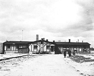 Disinfection hut in northeast corner of Dachau concentration camp.jpg