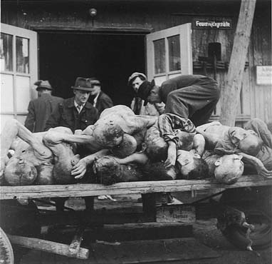 Austrian civilians load the bodies of Ebensee prisoners onto a cart for burial.jpg