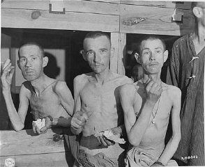 Emaciated survivors in the Ebensee subcamp of the Mauthausen concentration camp suck on sugar cu.jpg