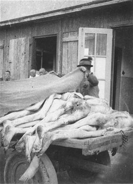 Survivors look on as Austrian civilians remove the bodies of former prisoners from a barracks in.jpg