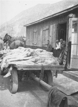 Survivors look on as the bodies of former prisoners are removed from a barracks in the newly lib.jpg