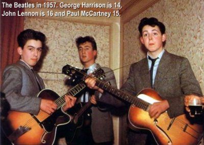 The Beatles in 1957. George Harrison is 14, John Lennon is 16 and Paul McCartney 15.jpg