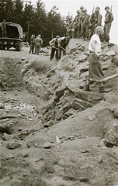 American soldiers look on as Austrian civilians bury the bodies of former inmates.jpg