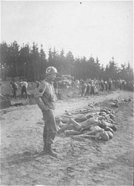 An American medic watches as Austrians civilians bury the corpses of prisoners.jpg