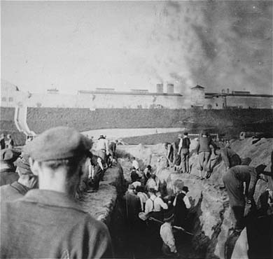Austrian civilians prepare mass graves to bury former inmates.jpg