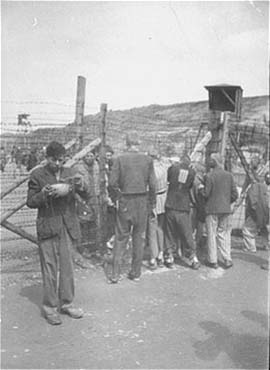 Male and female Mauthausen survivors converse with one another through the barbed-wire fence.jpg