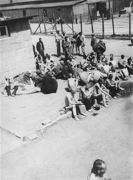 Survivors in the 'quarantine camp' section of Mauthausen after liberation.jpg