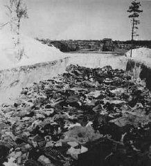 Bergen-Belsen Liberation, April 15, 1945, and Postwar Displaced Persons Camp - After camp liberation, one of the mass graves at the Bergen Belsen camp Germany, after April 15