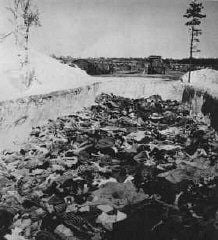After camp liberation, one of the mass graves at the Bergen-Belsen camp. Germany, after April 15.jpg