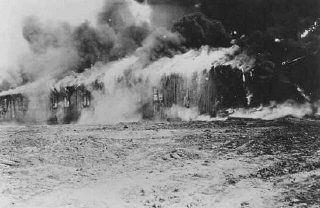 Bergen-Belsen Liberation, April 15, 1945, and Postwar Displaced Persons Camp - The Bergen Belsen former concentration camp is burned to the ground to halt the spread of typhus
