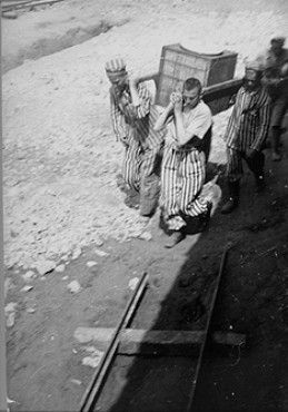 Płaszów Camp in Kraków, Poland, 1942-1945: Amon Göth - Prisoners in Plaszow transport a food container to others at forced labor
