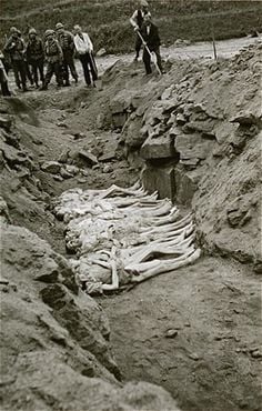 Austrian civilians bury former inmates in a mass grave in the Mauthausen concentration camp.jpg