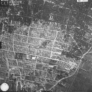 Warsaw Ghetto Uprising and SS Suppression Photos, April 19-May 16, 1943 - An aerial photograph showing the destruction of the Warsaw Ghetto after the uprising