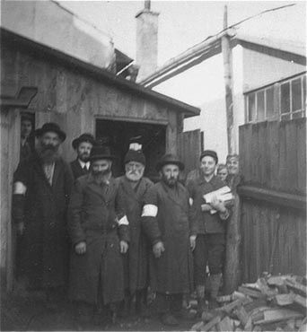 Kolbuszowa and Rzeszów Jewish Life and Ghetto Photos, 1929-1941 - A group of religious Jews who have been rounded up for a work detail, pose next to a wood pile i