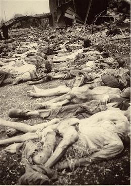 Mittelbau-Dora Liberation and Boelcke Kaserne, Nordhausen, Germany, 1945 - The bodies of prisoners lie on the ground in the newly liberated Nordhausen concentration camp1